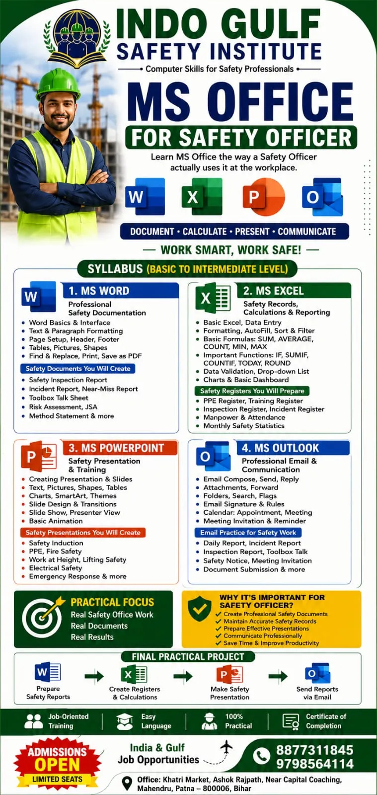 MS Office for Safety Officer course poster showing the Word, Excel, PowerPoint and Outlook syllabus